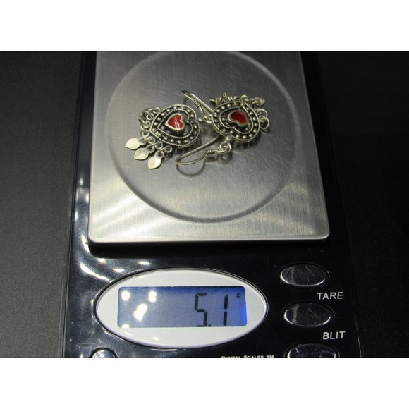 Sterling Silver Small Red Inlay Heart Fancy Rustic Earrings Vintage Wedding - Picture 7 of 7